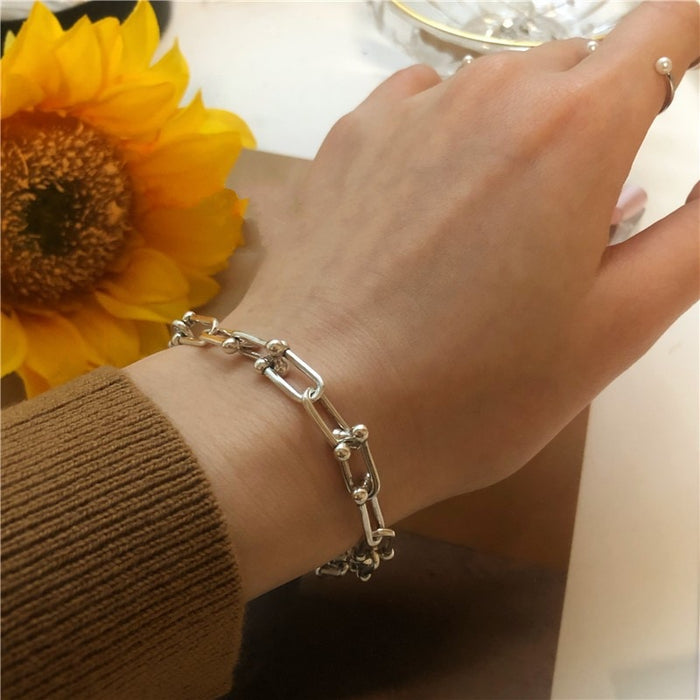 Pulsera de cadena gruesa de Plata de Ley 925 para mujer, pulsera con cerrojo Vintage creativa hecha a mano, regalo de joyería de cumpleaños 