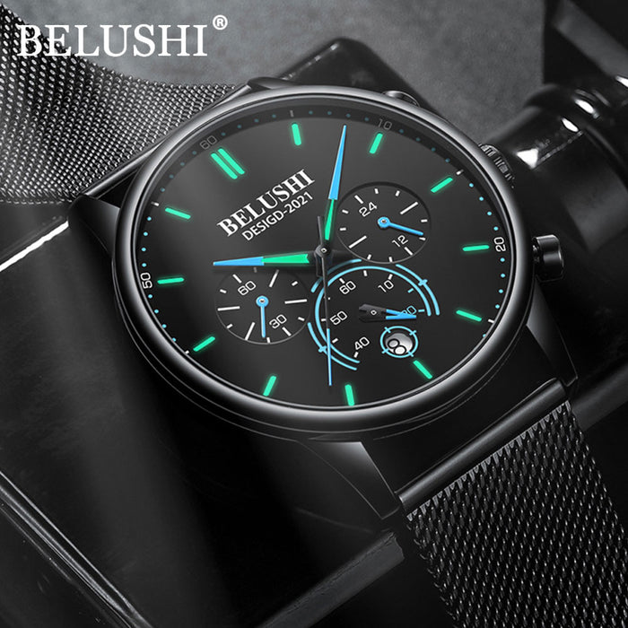 Reloj BELUSHI para hombre, marca de lujo, famoso reloj masculino, relojes negros, correa de Milán ultrafina, reloj de pulsera de cuarzo de acero inoxidable para hombre 