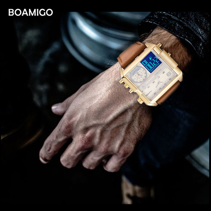 BOAMIGO Brand Men Sports Watches Man Military chronograph digital Watch Leather Rectangle Quartz Wristwatches