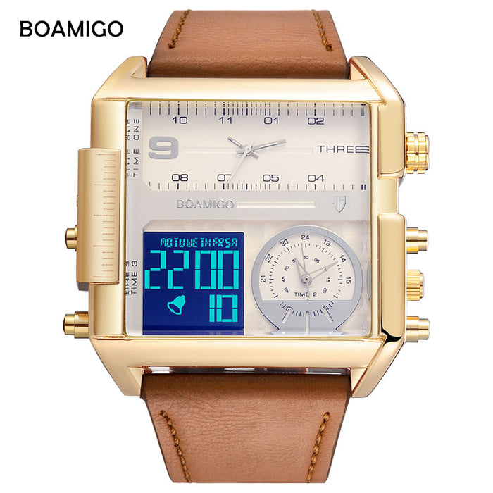 BOAMIGO Brand Men Sports Watches Man Military chronograph digital Watch Leather Rectangle Quartz Wristwatches