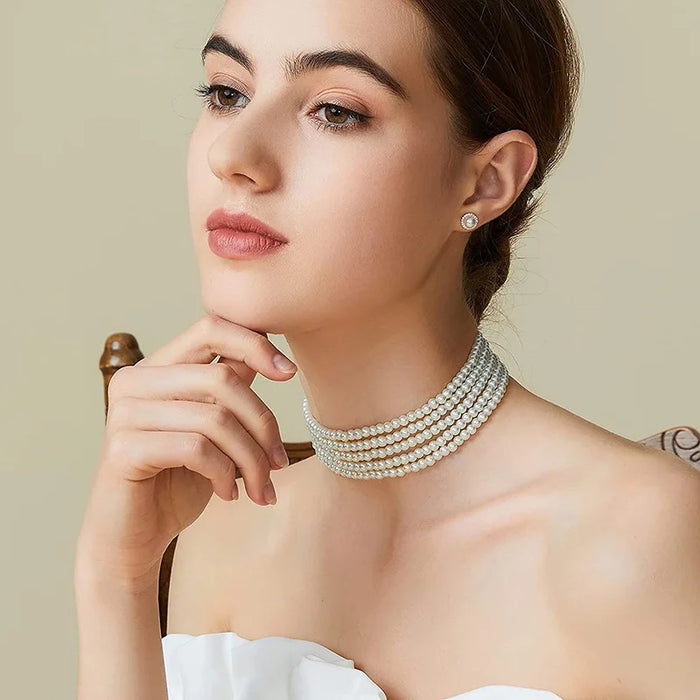 Fashion Multilayer Elegant White Pearl Collar Choker Necklace For Women Beaded Handmade Wedding Banguet Necklace Vintage Jewelry