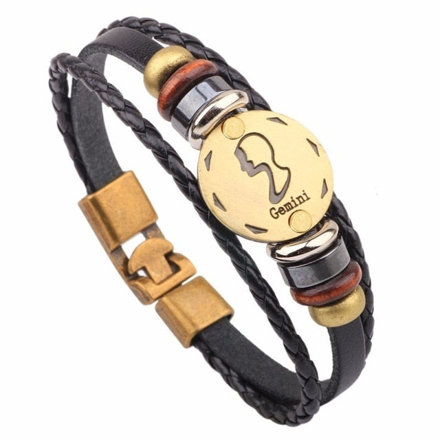 12 Horóscopo Pulsera de cuero Hombres Joyería Vintage Retro Charm Pulsera Joyería masculina 8.2