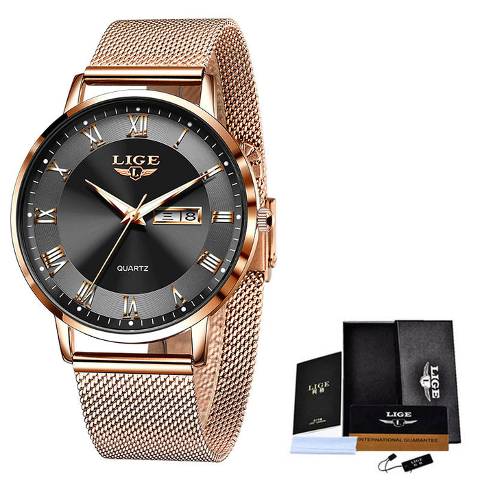 LIGE Reloj de Cuarzo Ultrafino para Mujer Reloj clásico para Mujer Reloj Impermeable con Calendario Doble Reloj con Correa de Malla Milán 