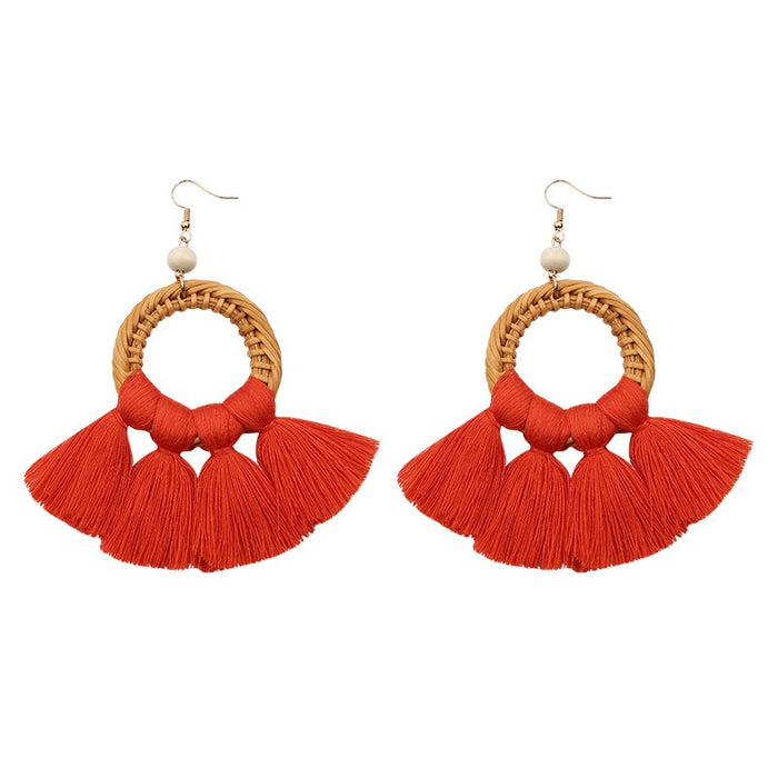 Pastoral style ethnic style tassel earrings exaggerated earrings fashion long earrings handmade rattan ladies accessories