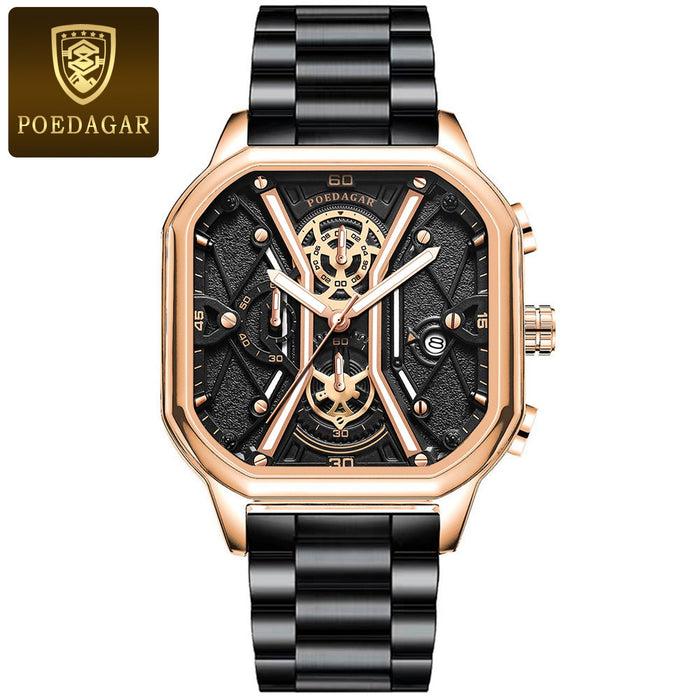 POEDAGAR, relojes de pulsera de lujo a la moda para hombre, cronógrafo luminoso, resistente al agua, reloj con fecha para hombre, esfera cuadrada, relojes de cuarzo de cuero para hombre