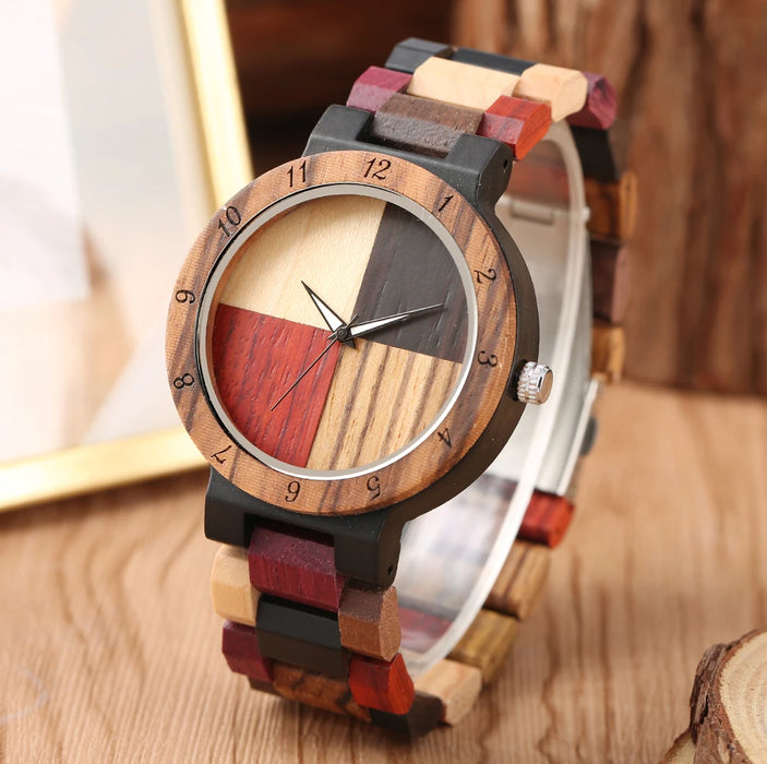 Reloj de cuarzo con esfera de patrón de madera Vintage para hombres y mujeres, reloj de pulsera de madera colorido, elegante reloj de pulsera de madera Natural para parejas 