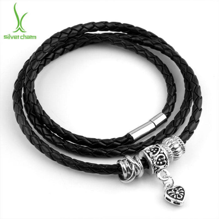 Pulsera de cuero negro con dije de plata BAMOER para mujer, joyería con cierre magnético de cinco colores PI0311 