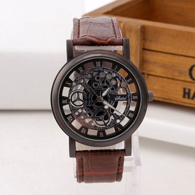 Reloj esqueleto de negocios a la moda para Hombre, Reloj hueco grabado para Hombre, Reloj de pulsera de cuarzo, Reloj con banda de cuero para Mujer, Relojes para Mujer