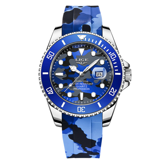 LIGE Men's Quartz Watch 30M Waterproof Watch Silicone Camo Strap