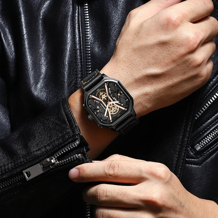 POEDAGAR, relojes de pulsera de lujo a la moda para hombre, cronógrafo luminoso, resistente al agua, reloj con fecha para hombre, esfera cuadrada, relojes de cuarzo de cuero para hombre