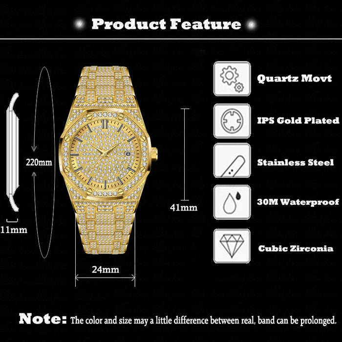 Missfox V294 18K Gold Watch Men Luxury Brand Diamond Mens Watches Top Brand Luxury FF Iced Out Male Quartz Watch Calender Unique Gift For Men