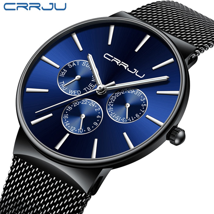 Relojes CRRJU de lujo para hombre, reloj de pulsera con fecha ultrafino resistente al agua, correa de malla para hombre, reloj de cuarzo informal 