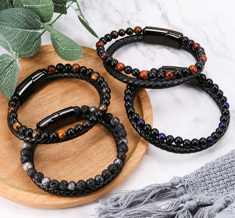 Natural Stone Bracelets Genuine Leather Braided Bracelet Black Stainless Steel Magnetic Clasp Tiger eye Bead Bangles Men Jewelry