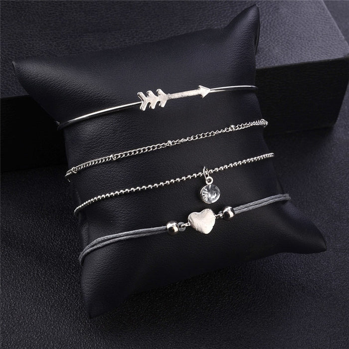 4 Pcs/ Set Retro Fashion Women Love Heart Arrow Round Crystal Rhinestone Leather Bracelet Set