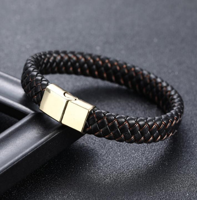 Fashion Braided Black Blue Leather Bracelet Men Stainless Steel Magnetic Clasp Charm Bangles Male Wrist Band Gifts