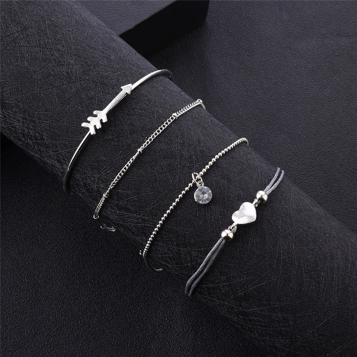 4 Pcs/ Set Retro Fashion Women Love Heart Arrow Round Crystal Rhinestone Leather Bracelet Set