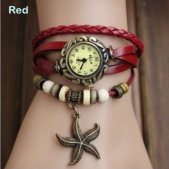 Reloj de pulsera de estrella de mar para mujer, reloj Retro tejido, relojes envolventes de cuero genuino, reloj de pulsera de estrella de mar, esfera pequeña Bnad delgada LL