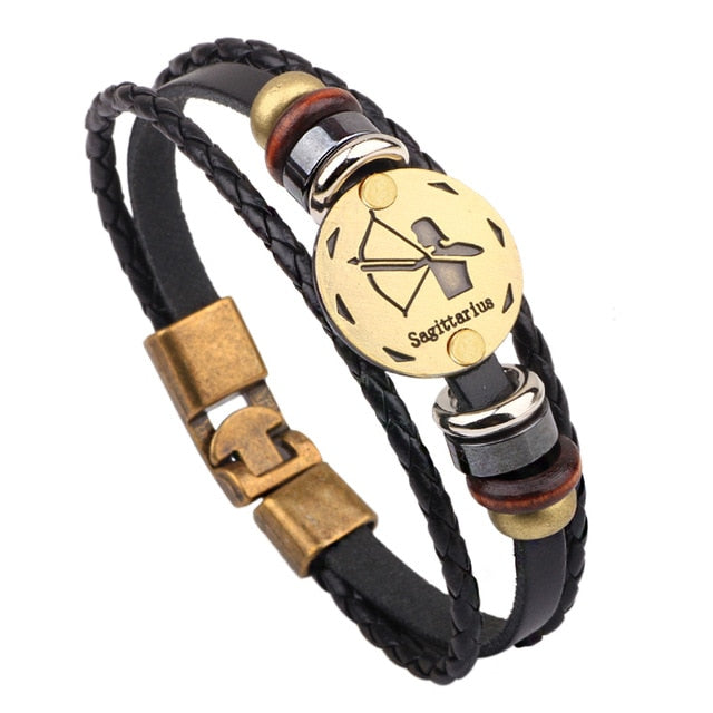 12 Horoscope Leather Bracelet Men Jewelry Vintage Retro Charm Bracelet Male Jewelry 8.2