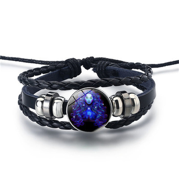 12 Constellations Beaded Glow Leather Bracelet Glass Alloy Multilayer Handwoven 12 Constellations Bracelet