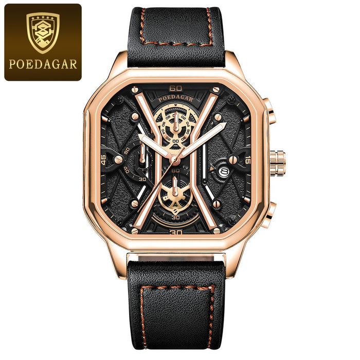 POEDAGAR Fashion Men Luxury Wristwatches Chronograph Luminous Waterproof Date Man Watch Square Dial Leather Quartz Men's Watches