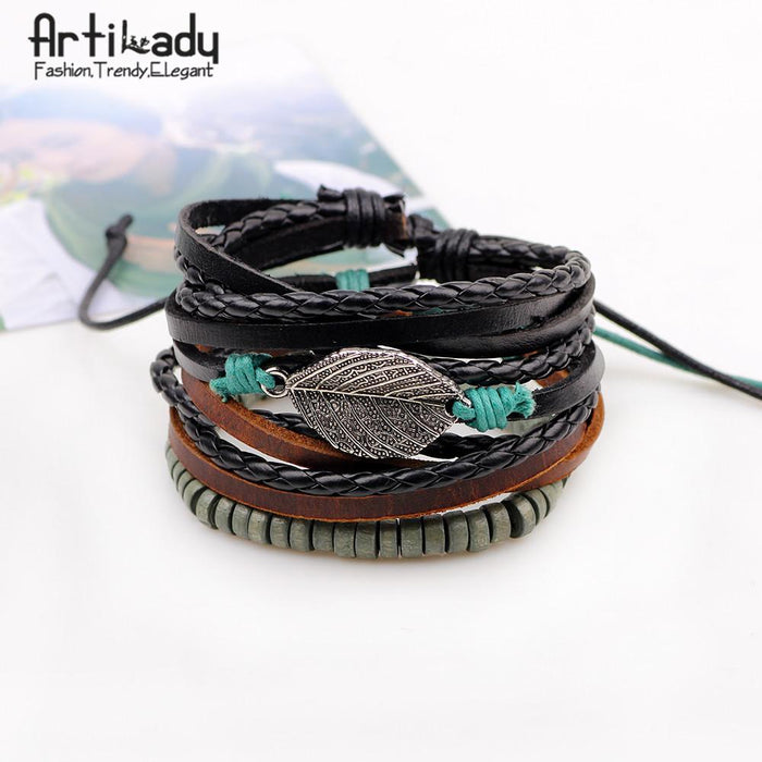 Artilady leather bracelet set 3pcs layer handmade leather bracelets