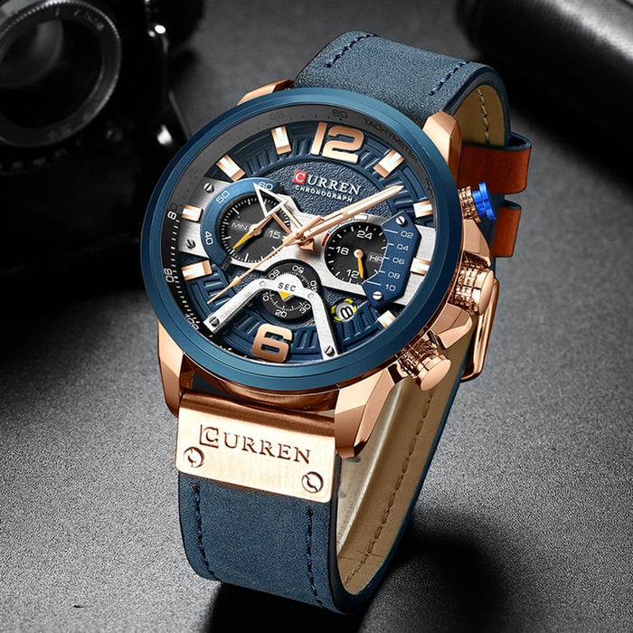 Relojes deportivos informales CURREN para hombre, parte de arriba de color azul, reloj de pulsera de Cuero militar de lujo, reloj de pulsera para hombre, reloj de pulsera con cronógrafo de moda