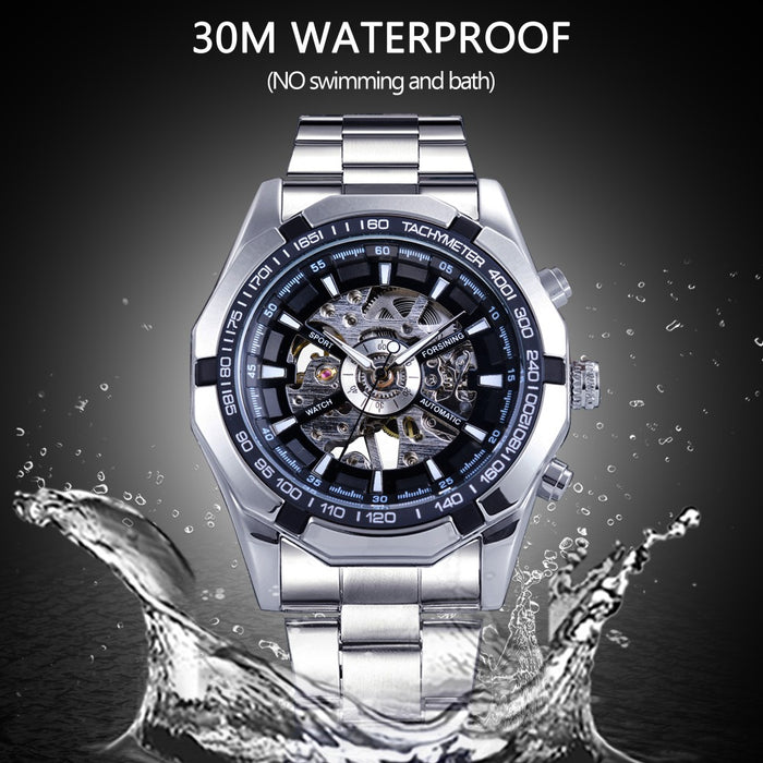 Relojes de esqueleto para hombre resistentes al agua de acero inoxidable plateado, reloj de pulsera mecánico transparente de lujo de marca superior para hombre