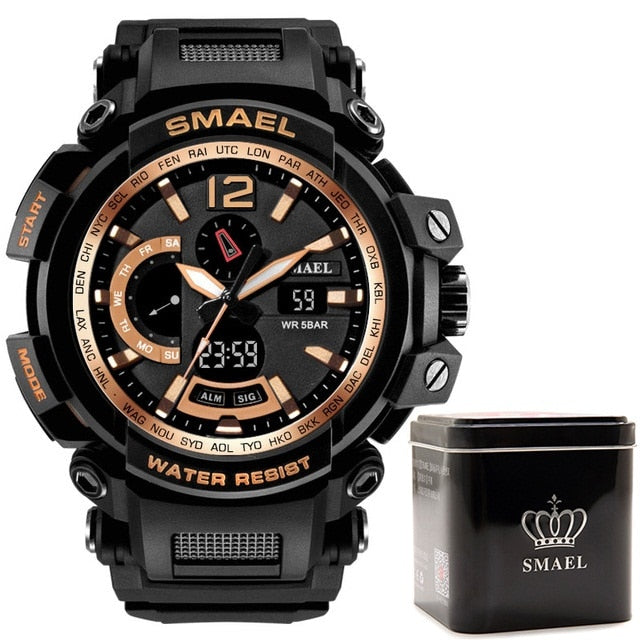 SMAEL 1702, reloj deportivo de lujo de la mejor marca, relojes digitales para hombre, 5bar, relojes de pulsera militares resistentes al agua con pantalla Dual, reloj Masculino