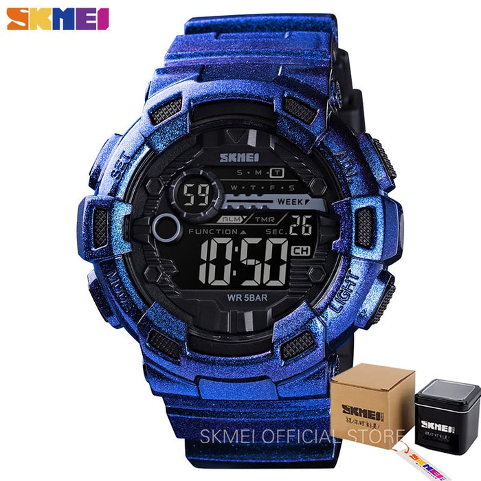 Reloj deportivo SKMEI 1243 para exteriores, reloj multifunción para hombre, 5bar, resistente al agua, correa de PU, relojes con pantalla LED, reloj Digital cronógrafo para hombre 