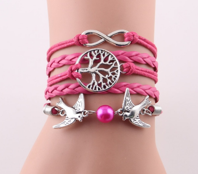 Fashion Infinity Tree flying birds charm Imitation Pearl Leather braid women wrap bracelet Bracelets & Bangles for women jewelry