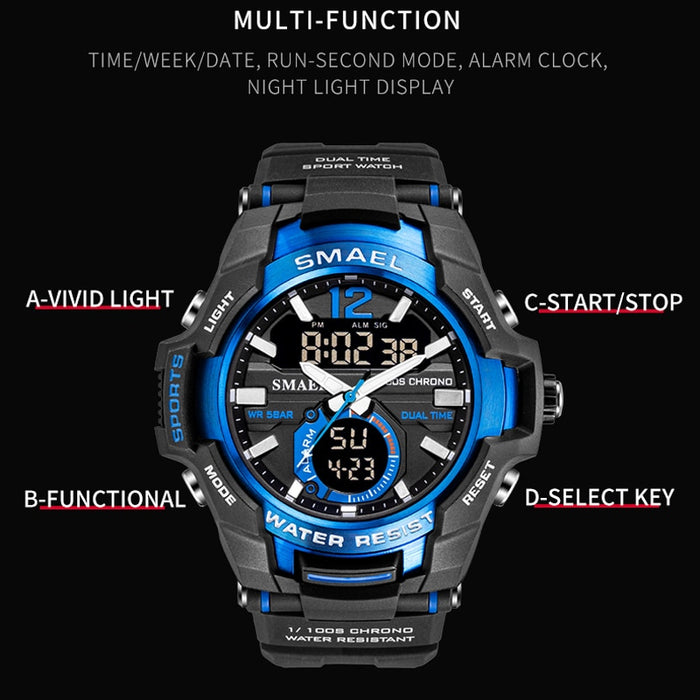 SMAEL Men Watches Fashion Sport Super Cool Quartz LED Digital Watch 50M Waterproof Wristwatch Men's Clock Relogio Masculino（SL-1805）