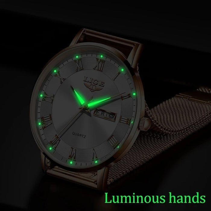 LIGE Ultra Thin Ladies Quartz Watch Classic Women's Watch Dual Calendar Waterproof Watch Milan Mesh Strap Watch