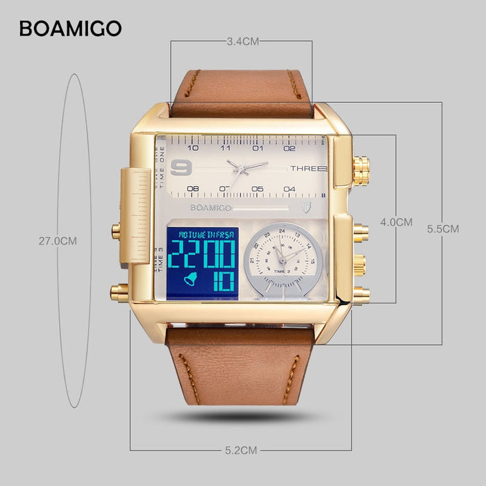 BOAMIGO Brand Men Sports Watches Man Military chronograph digital Watch Leather Rectangle Quartz Wristwatches