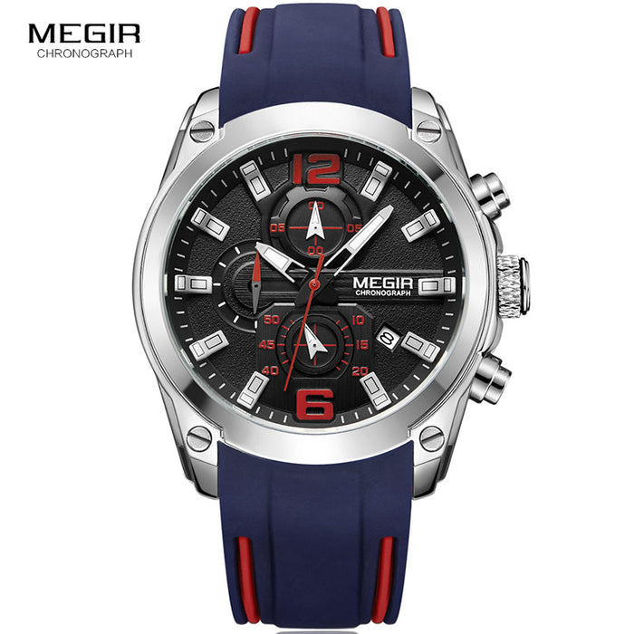 Megir Men's Chronograph Analog Quartz Watch with Date, Luminous Hands, Waterproof Silicone Rubber Strap Wristswatch