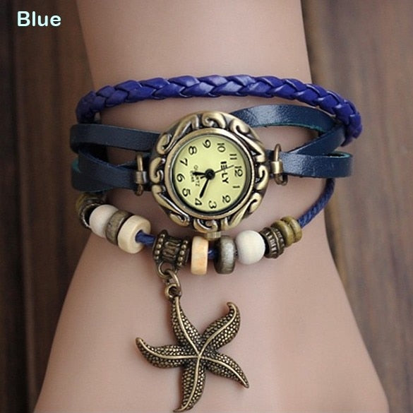 Reloj de pulsera de estrella de mar para mujer, reloj Retro tejido, relojes envolventes de cuero genuino, reloj de pulsera de estrella de mar, esfera pequeña Bnad delgada LL