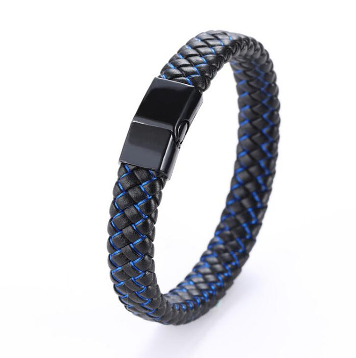 Fashion Braided Black Blue Leather Bracelet Men Stainless Steel Magnetic Clasp Charm Bangles Male Wrist Band Gifts