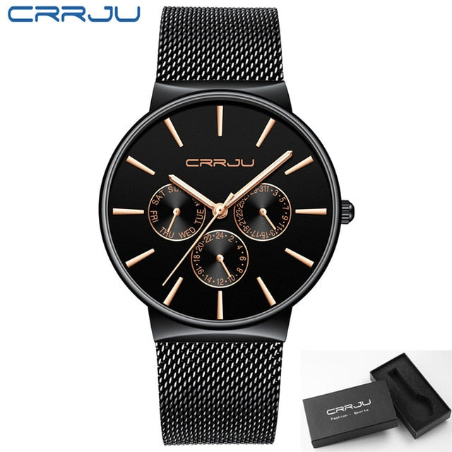 Relojes CRRJU de lujo para hombre, reloj de pulsera con fecha ultrafino resistente al agua, correa de malla para hombre, reloj de cuarzo informal 