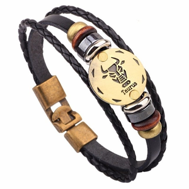 12 Horóscopo Pulsera de cuero Hombres Joyería Vintage Retro Charm Pulsera Joyería masculina 8.2