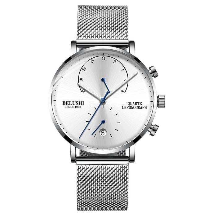 Quartz Watch Men Watches Modern Chronograph Men Watch Leather Strap Watches Man Imitation Luxury Men'S Sports Watch--Belushi 537 SILVER