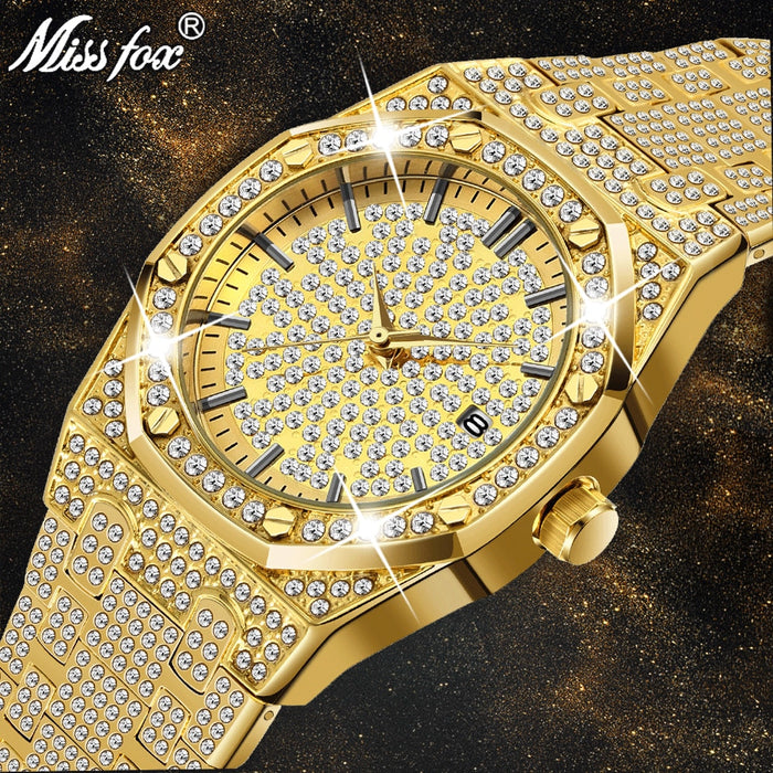 Missfox V294 Reloj de oro de 18 quilates para hombre Relojes de marca de lujo con diamantes para hombre Relojes de primeras marcas de lujo FF Iced Out Reloj de cuarzo masculino Calendario Regalo único para hombres 