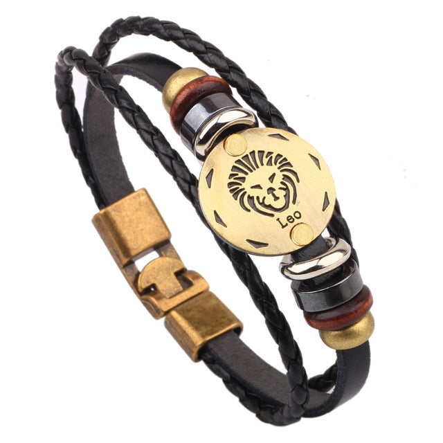 12 Horóscopo Pulsera de cuero Hombres Joyería Vintage Retro Charm Pulsera Joyería masculina 8.2