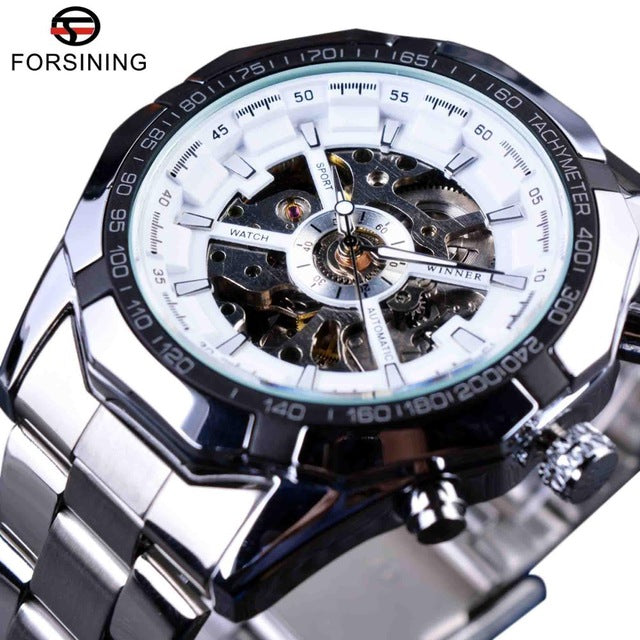 Relojes de esqueleto para hombre resistentes al agua de acero inoxidable plateado, reloj de pulsera mecánico transparente de lujo de marca superior para hombre