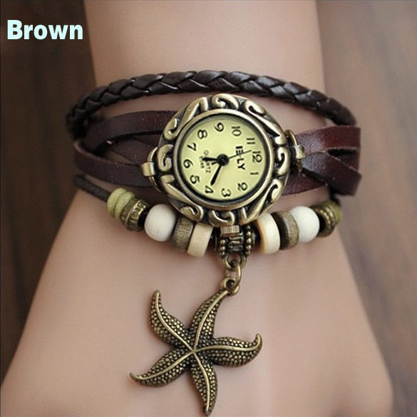 Reloj de pulsera de estrella de mar para mujer, reloj Retro tejido, relojes envolventes de cuero genuino, reloj de pulsera de estrella de mar, esfera pequeña Bnad delgada LL