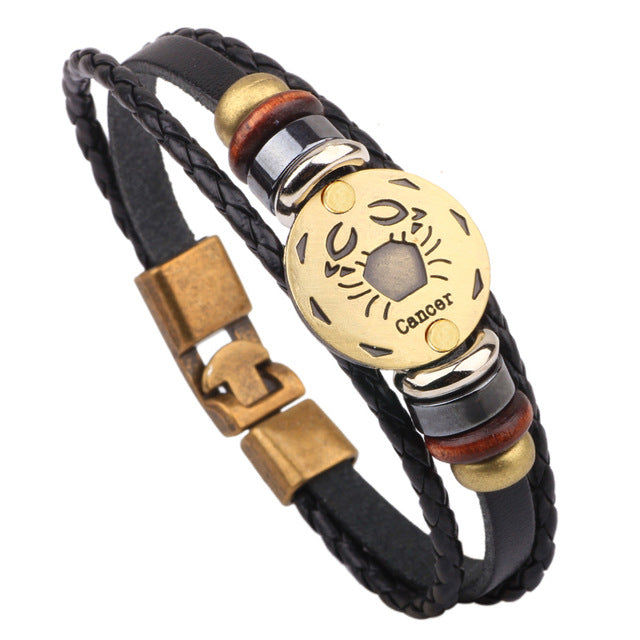 12 Horóscopo Pulsera de cuero Hombres Joyería Vintage Retro Charm Pulsera Joyería masculina 8.2