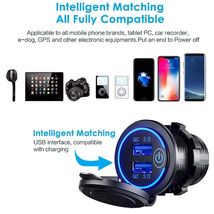 eThings 36W QC 3.0 Touch Switch Waterproof Universal Motorcycle Car Truck Boat Dual USB Charger Socket For Phone Tablet Camera GPS DVR - eZthings USA WE SORT ALL THE CRAZIEST GADGETS, GIZMOS, TOYS & TECHNOLOGY, SO YOU DON'T HAVE TO.