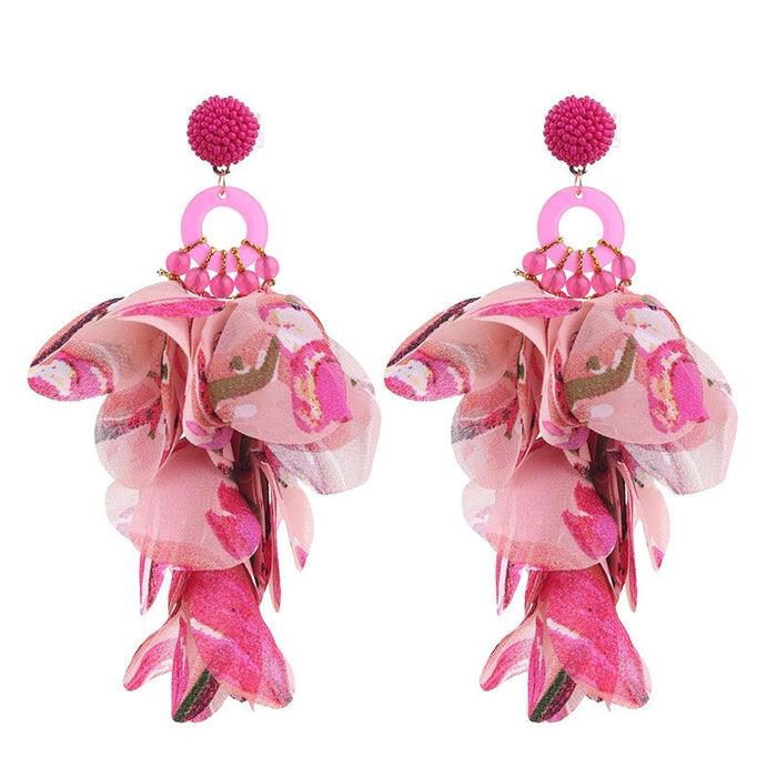 Pendientes originales de tela hechos a mano con flores, pendientes largos exagerados para mujer