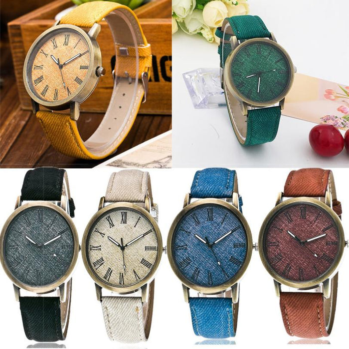 Male and female couple watch Roman scale La denim belt punk watch