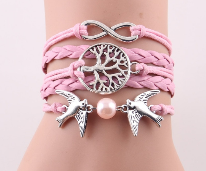 Fashion Infinity Tree flying birds charm Imitation Pearl Leather braid women wrap bracelet Bracelets & Bangles for women jewelry