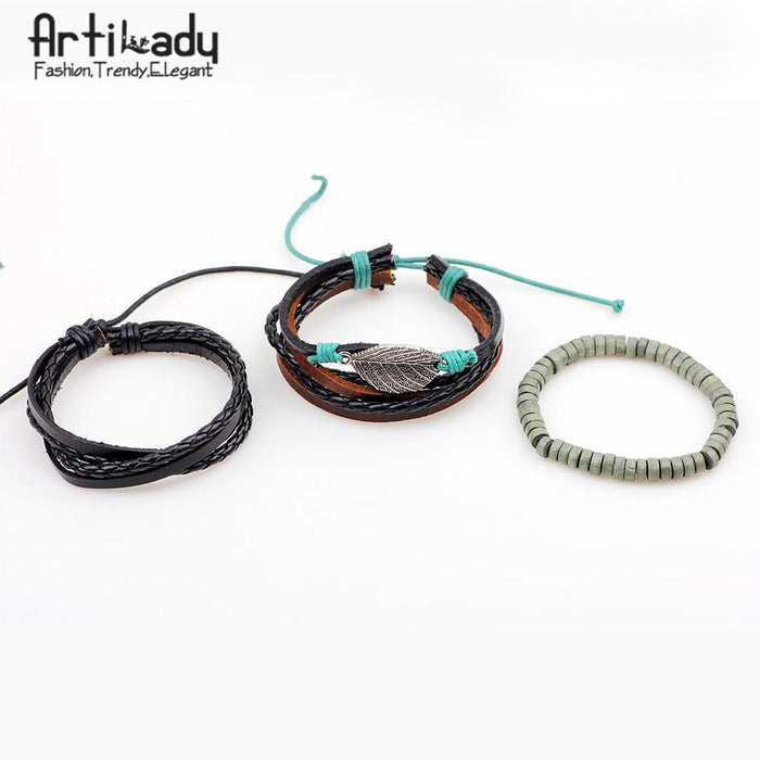 Artilady leather bracelet set 3pcs layer handmade leather bracelets