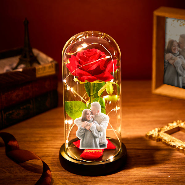 Foto personalizada con texto, luz nocturna Led, cubierta de cristal, flor rosa roja eterna, decoración de escritorio para el hogar